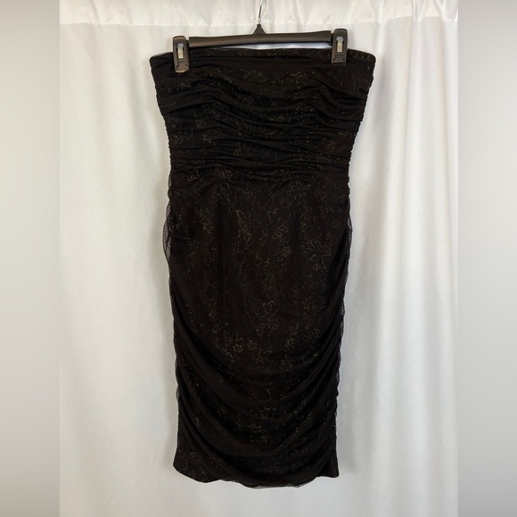 Ralph Lauren Evening Black Ruched Bodycon Dress W/ Gold Floral Underlay - Picture 1 of 6